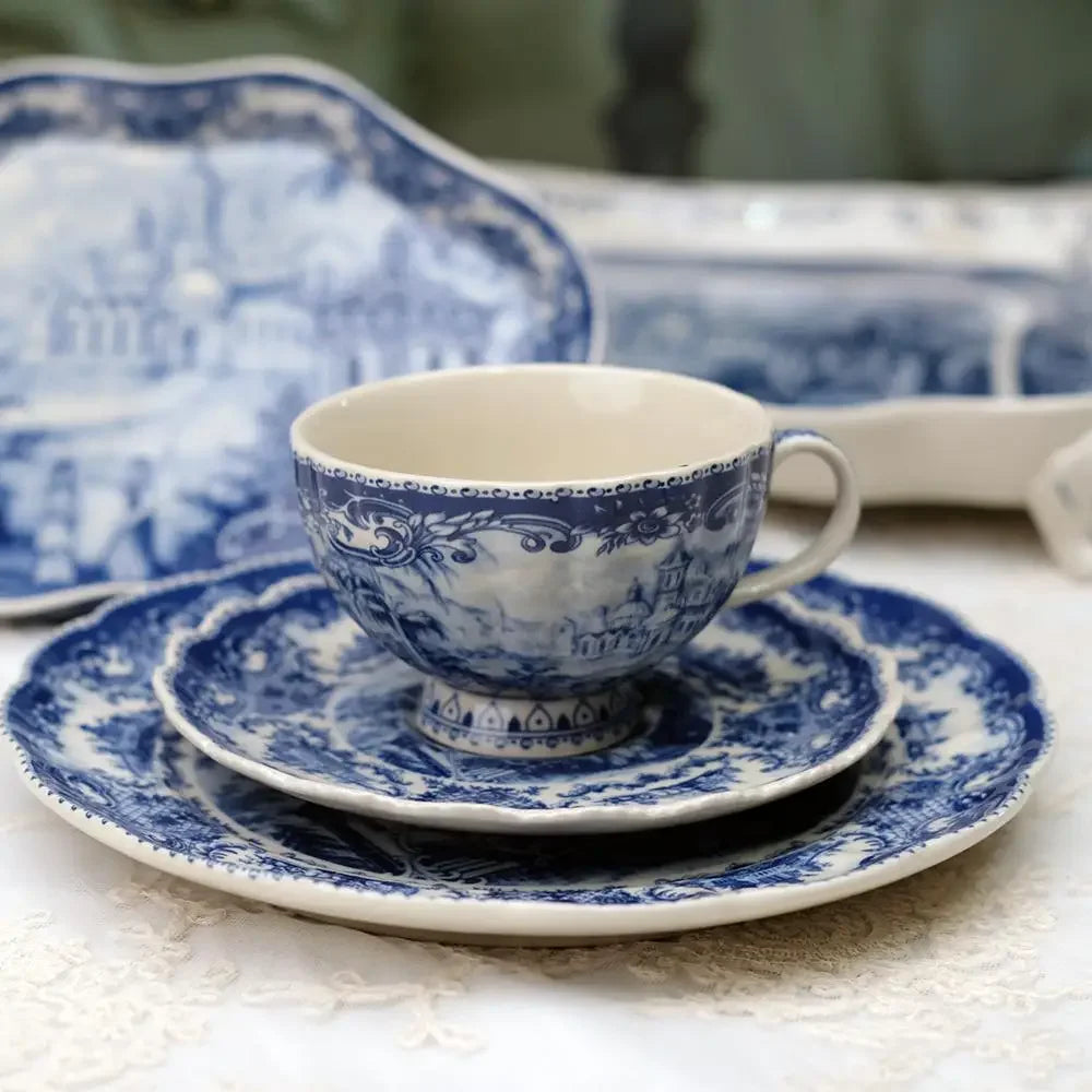 European "Blue Castle" Underglaze Ceramic Collection – Coffee Cups, Saucers & Dining Plates