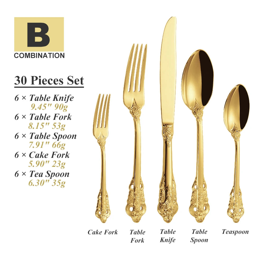 Royal Vintage 30-Piece Gold Plated Cutlery Set – Service for 6 (Gold, Rose Gold, Black)