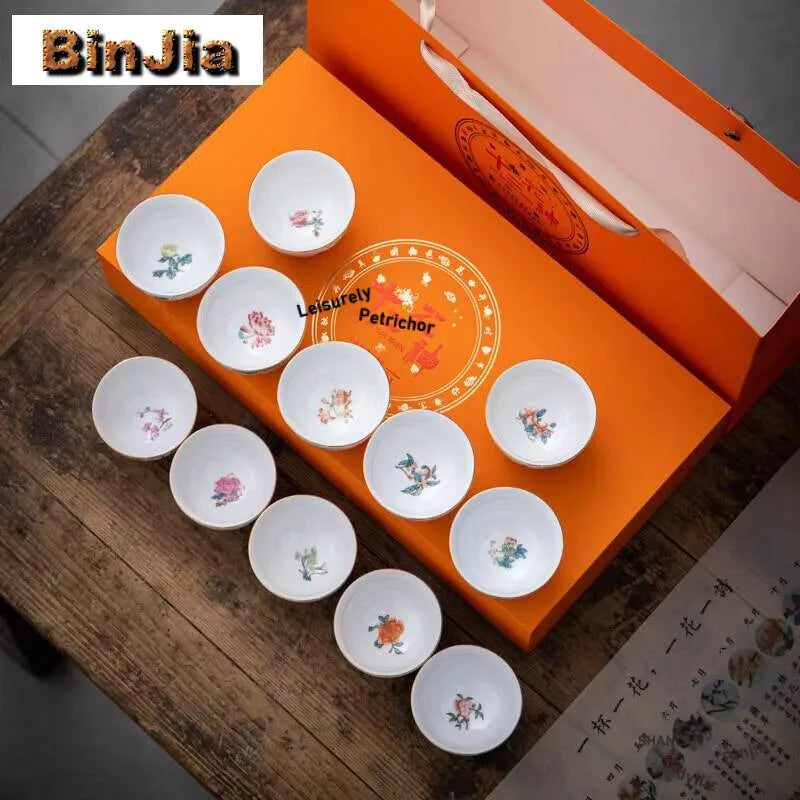 "Twelve Flower Gods" Enamel Tea Cup Set (12 Pcs Gift Box)