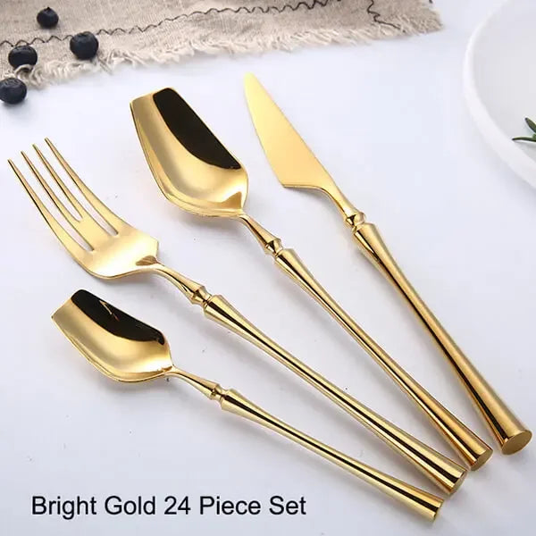 Modern Luxury Matte Black & Gold Flatware Set (24 Pieces) – Stainless Steel