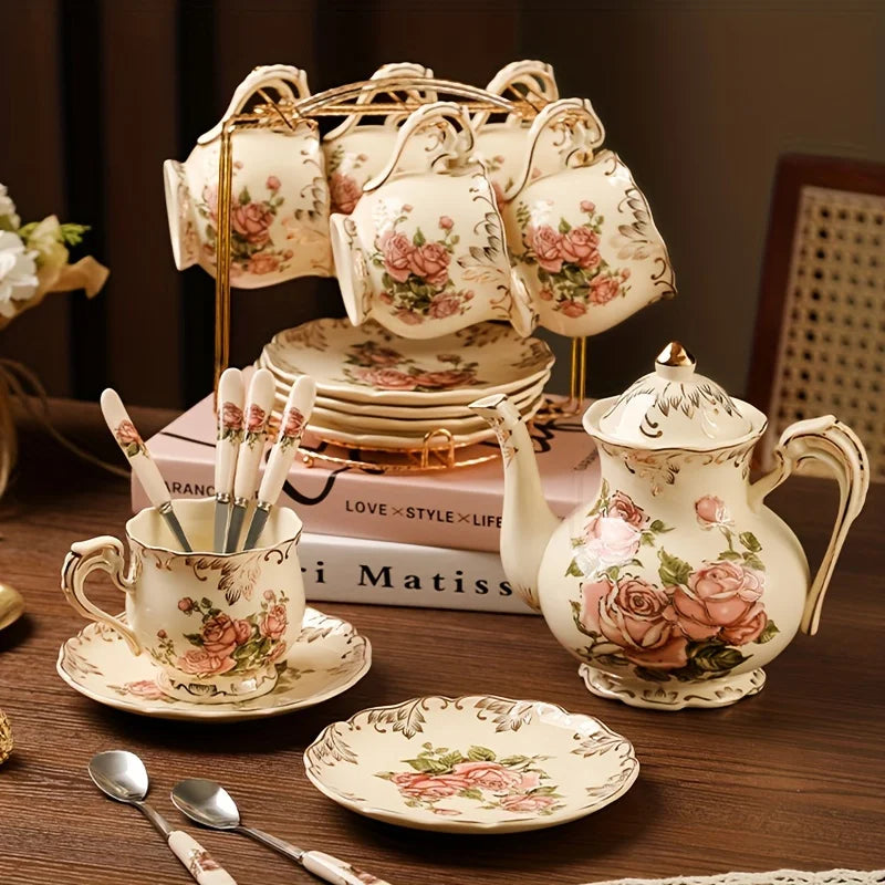 Classic Floral Ceramic Cup & Saucer Set (Ivory Edition)