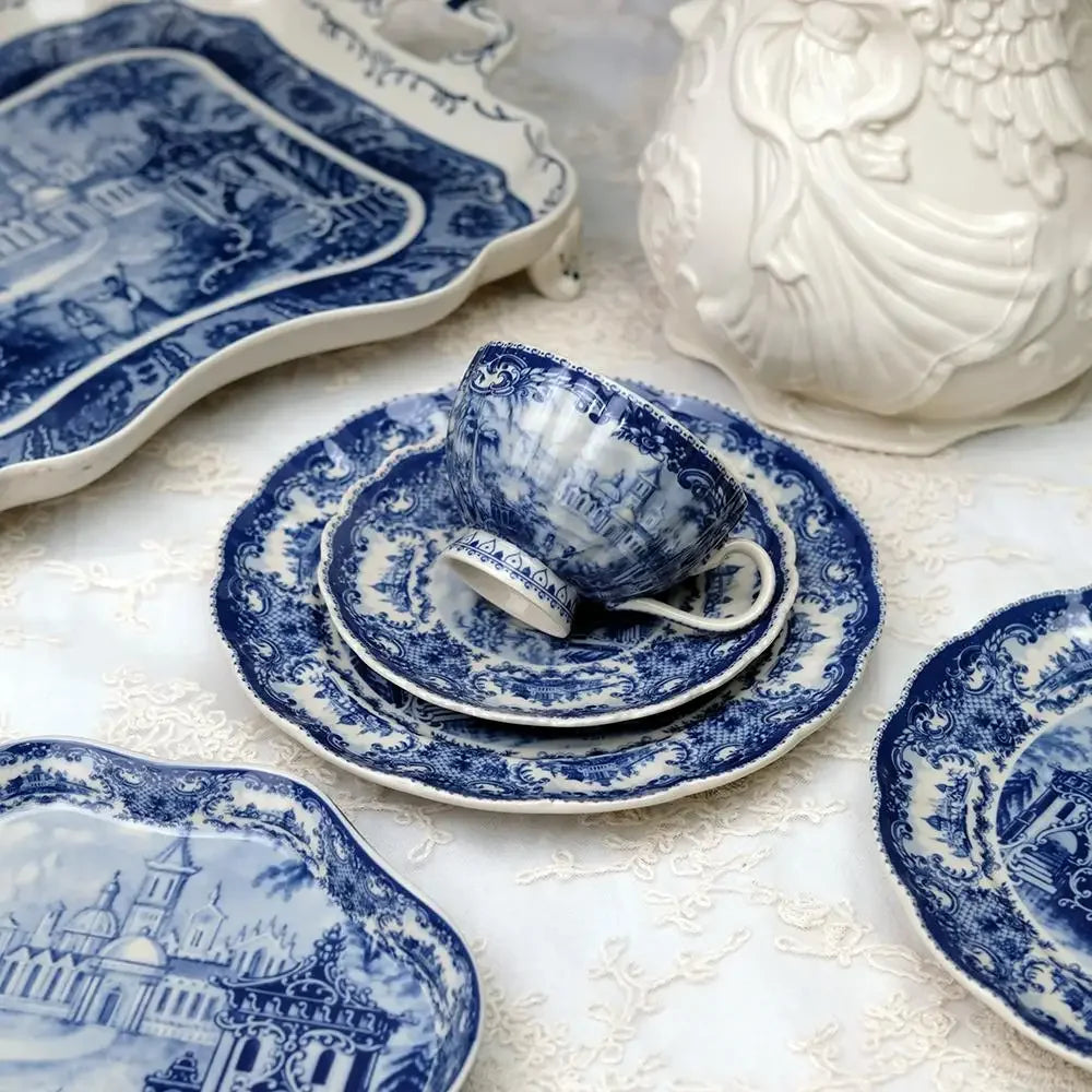 European "Blue Castle" Underglaze Ceramic Collection – Coffee Cups, Saucers & Dining Plates