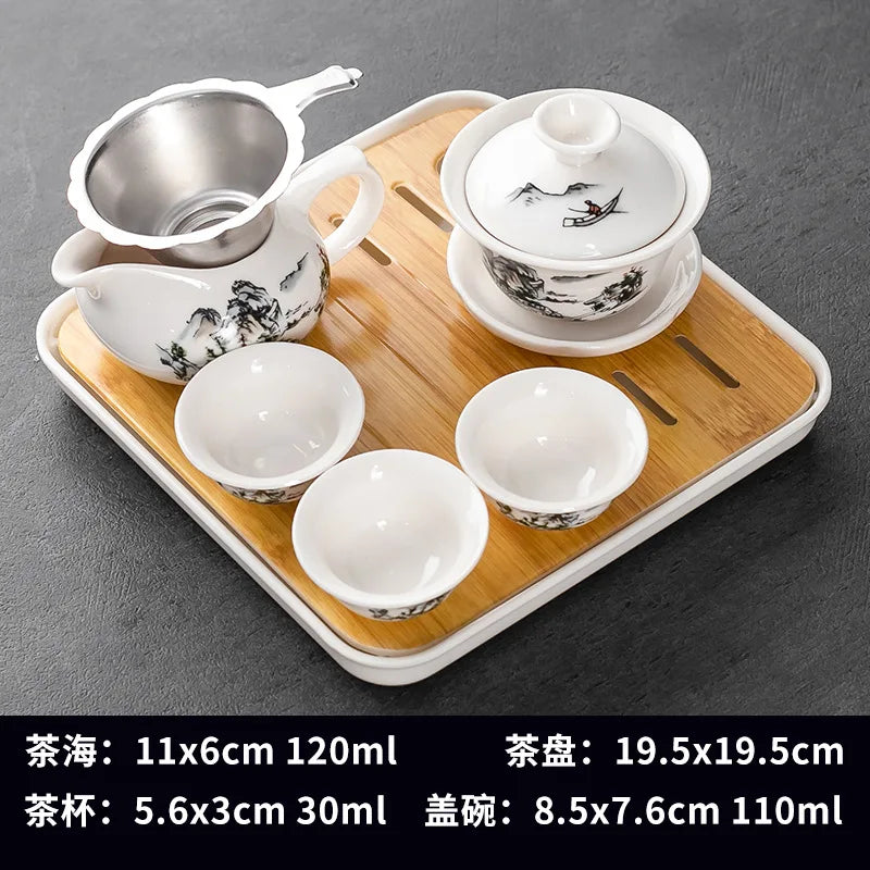 Household Kung Fu Tea Set (Gaiwan, 3 Cups & Dry Tray)