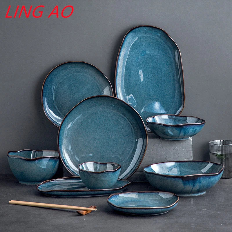 LingAo Japanese Kiln Glazed Ceramic Dinnerware Set – Artisan Bowls & Plates