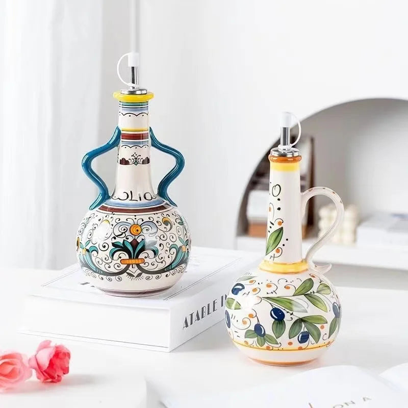 Flangeaks" Hand-Painted Green Ceramic Oil & Vinegar Dispenser