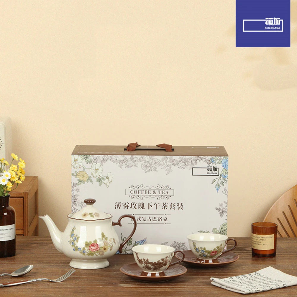 SOLECASA Vintage Floral Tea Set – Pot & Cups (Gift Box)