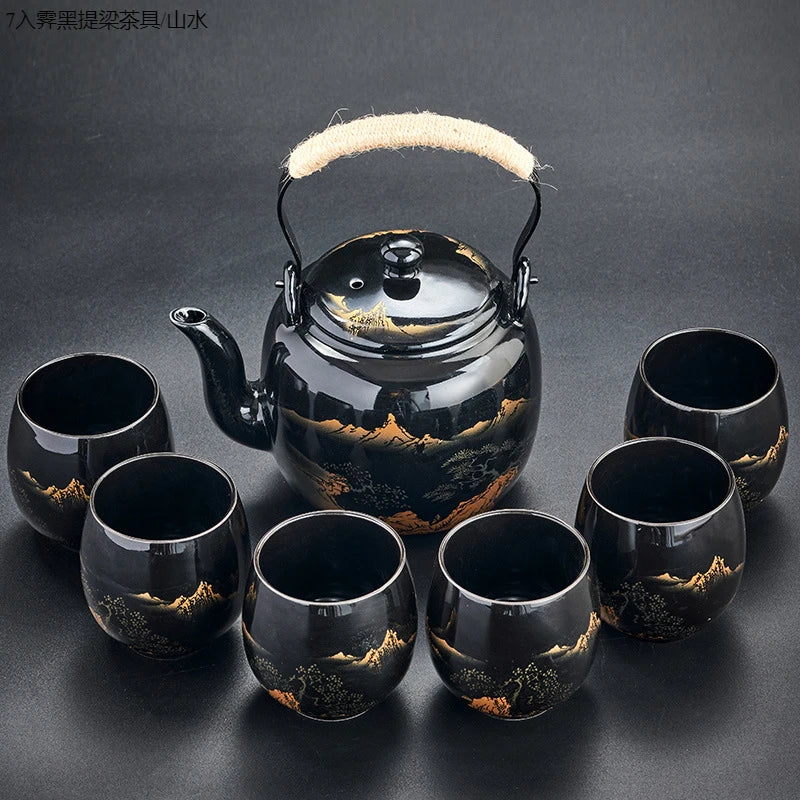 Minimalist Black Glaze Tea Set – Large Beam Pot & Cups