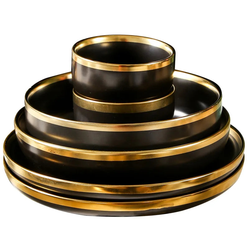 Modern Luxury Matte Black Dinner Set with Gold Rim (12 Pieces)