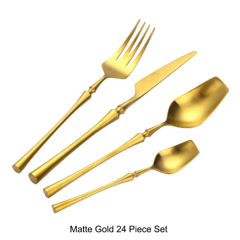 Modern Luxury Matte Black & Gold Flatware Set (24 Pieces) – Stainless Steel