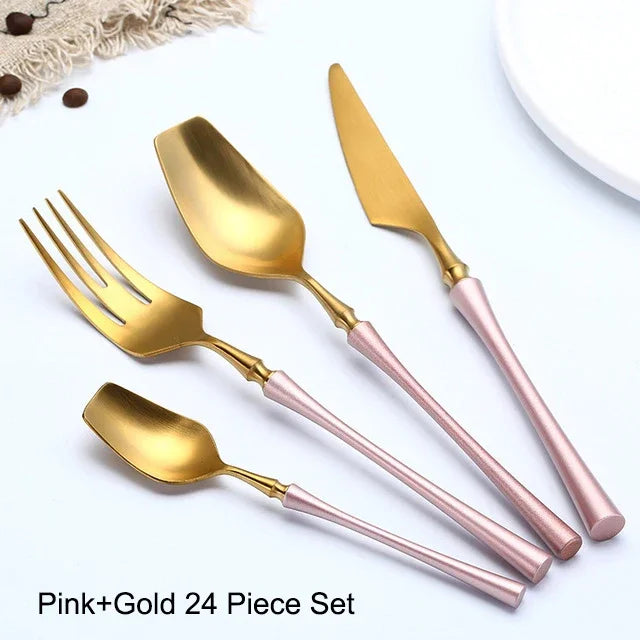 Modern Luxury Matte Black & Gold Flatware Set (24 Pieces) – Stainless Steel