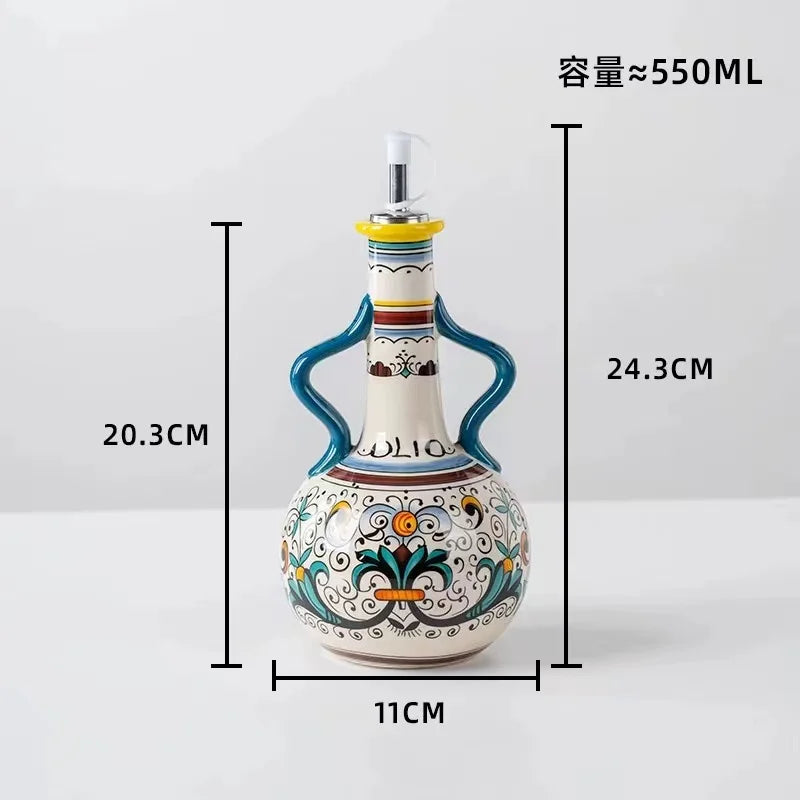 Flangeaks" Hand-Painted Green Ceramic Oil & Vinegar Dispenser