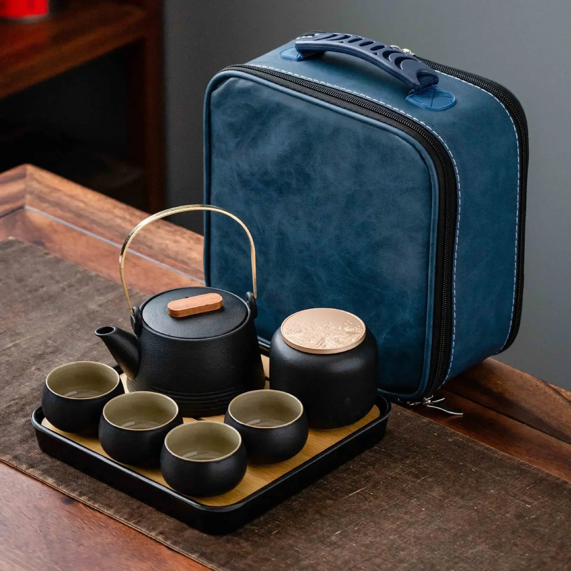Premium Black Ceramic Kung Fu Set with Tea Pet
