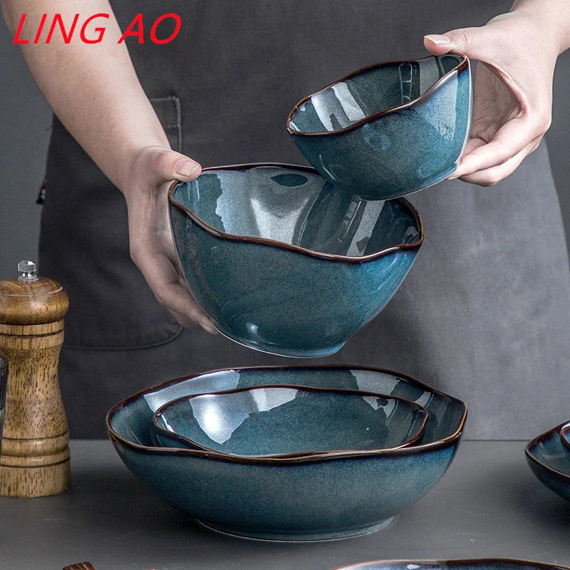 LingAo Japanese Kiln Glazed Ceramic Dinnerware Set – Artisan Bowls & Plates