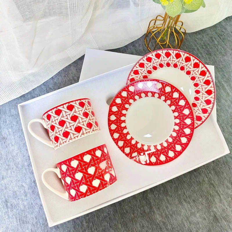 Fashionable European Style Red Tea & Coffee Set (2 Cups + 2 Plates) – Luxury Gift Box