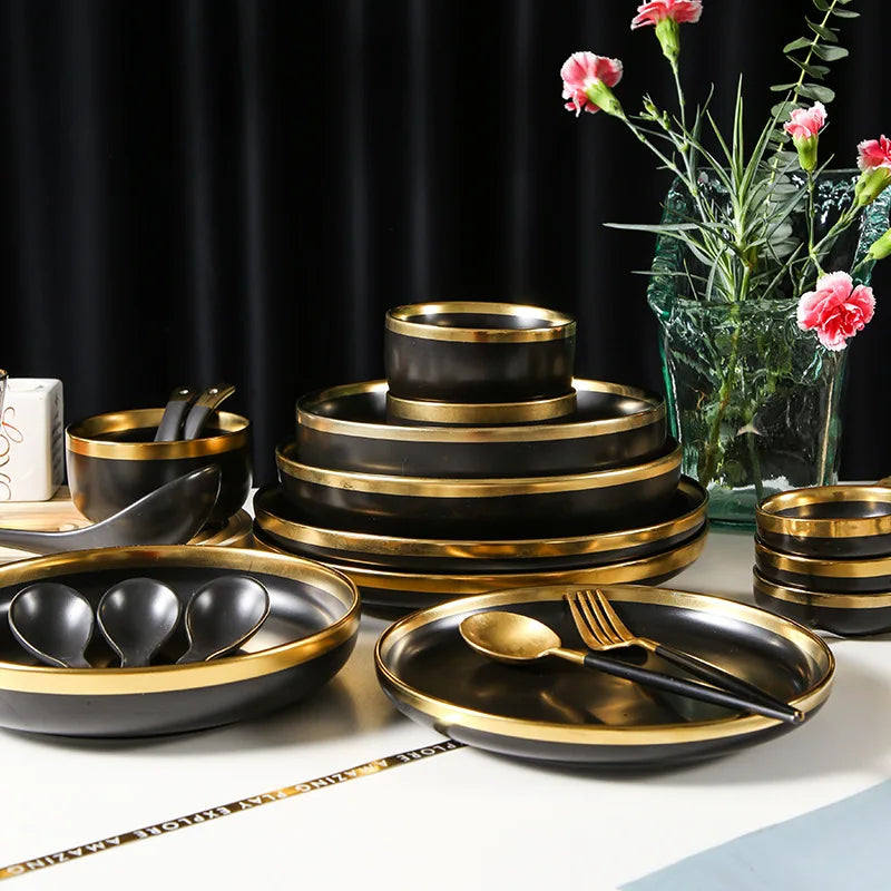 Modern Luxury Matte Black Dinner Set with Gold Rim (12 Pieces)
