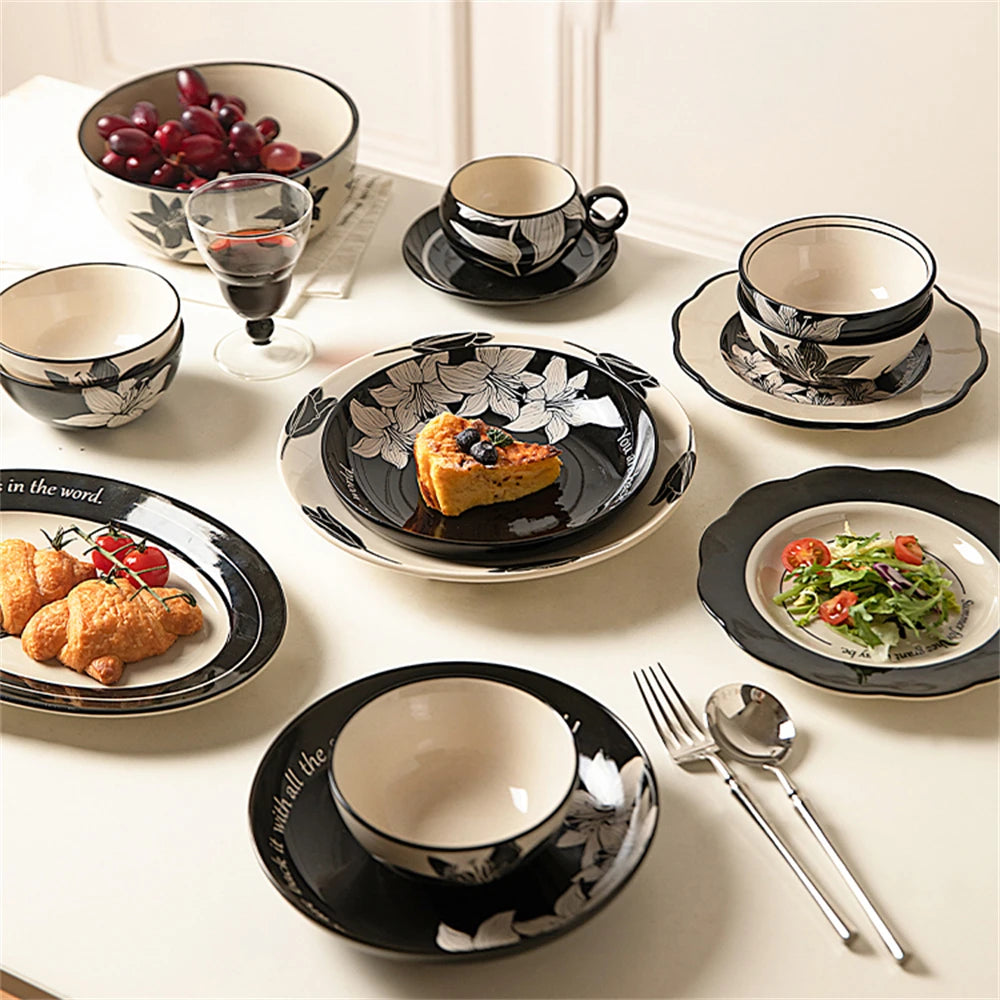 Vintage Black Printed Ceramic Tableware Collection – Western Style Afternoon Tea & Dinner Set