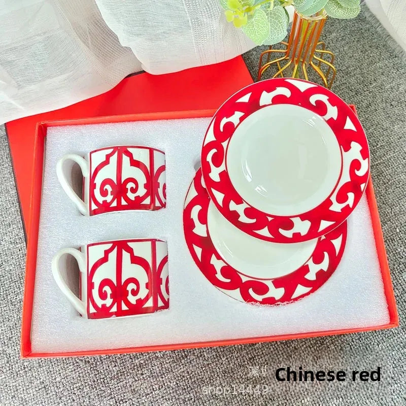 Fashionable European Style Red Tea & Coffee Set (2 Cups + 2 Plates) – Luxury Gift Box