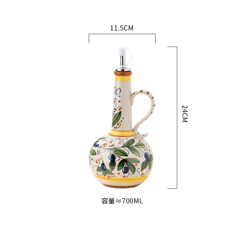 Flangeaks" Hand-Painted Green Ceramic Oil & Vinegar Dispenser