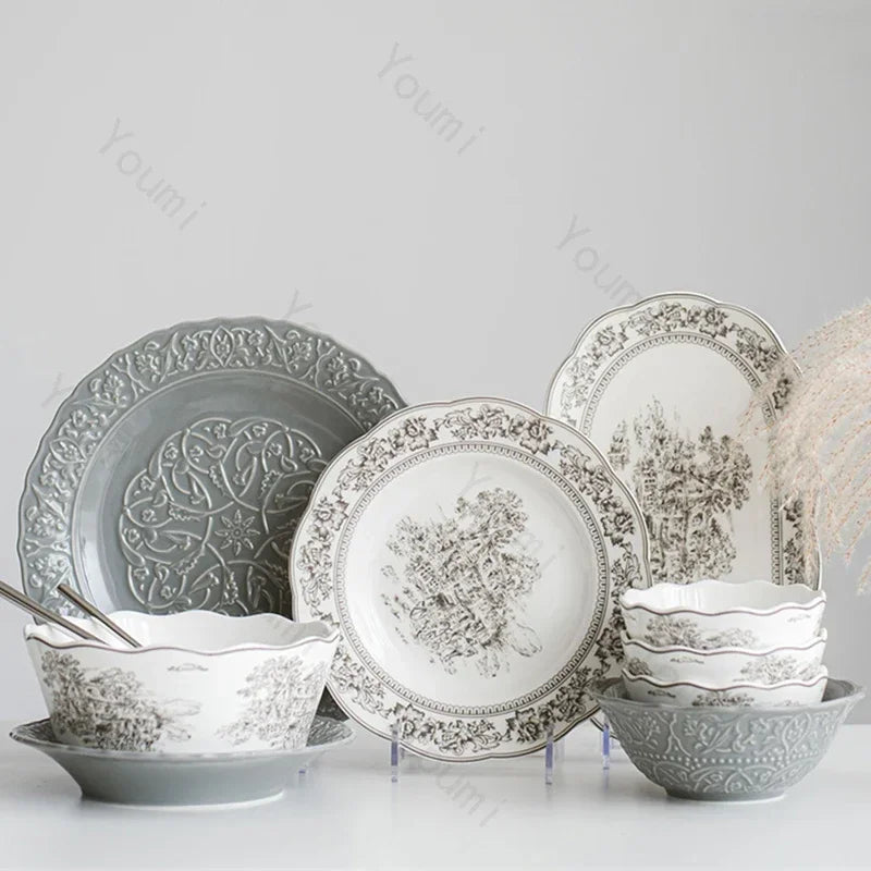 French Modern Gray Ceramic Dinnerware Collection – Luxury Steak Plates & Soup Bowls