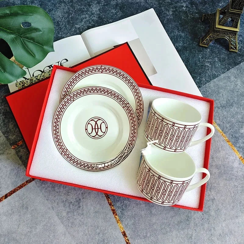 Fashionable European Style Red Tea & Coffee Set (2 Cups + 2 Plates) – Luxury Gift Box