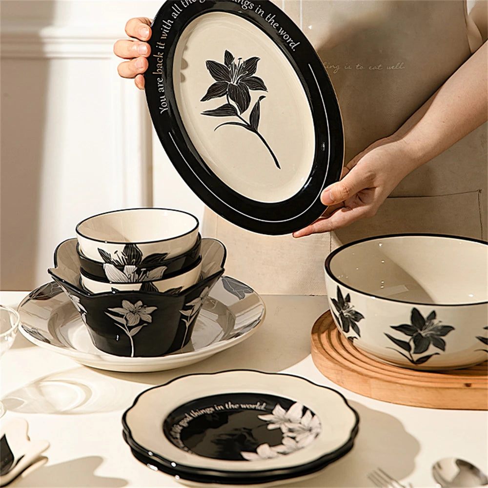 Vintage Black Printed Ceramic Tableware Collection – Western Style Afternoon Tea & Dinner Set