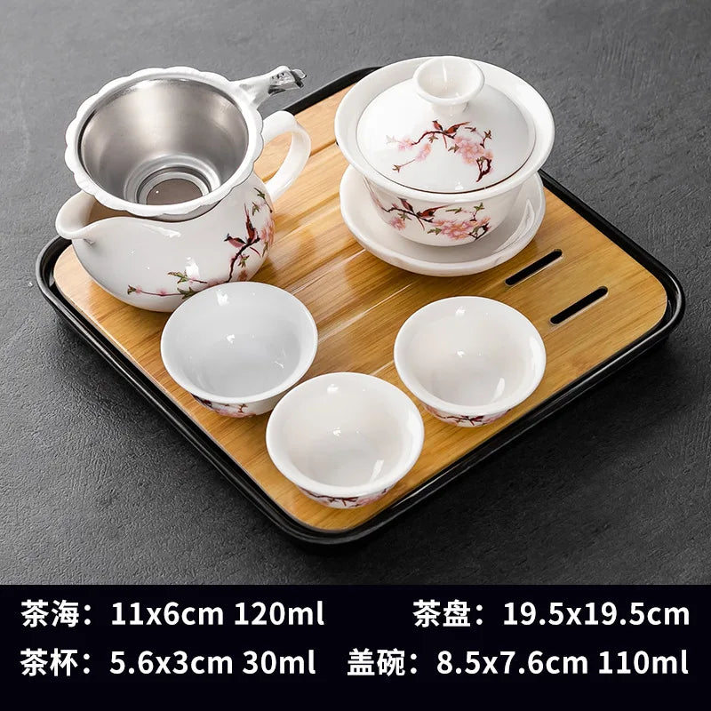 Household Kung Fu Tea Set (Gaiwan, 3 Cups & Dry Tray)