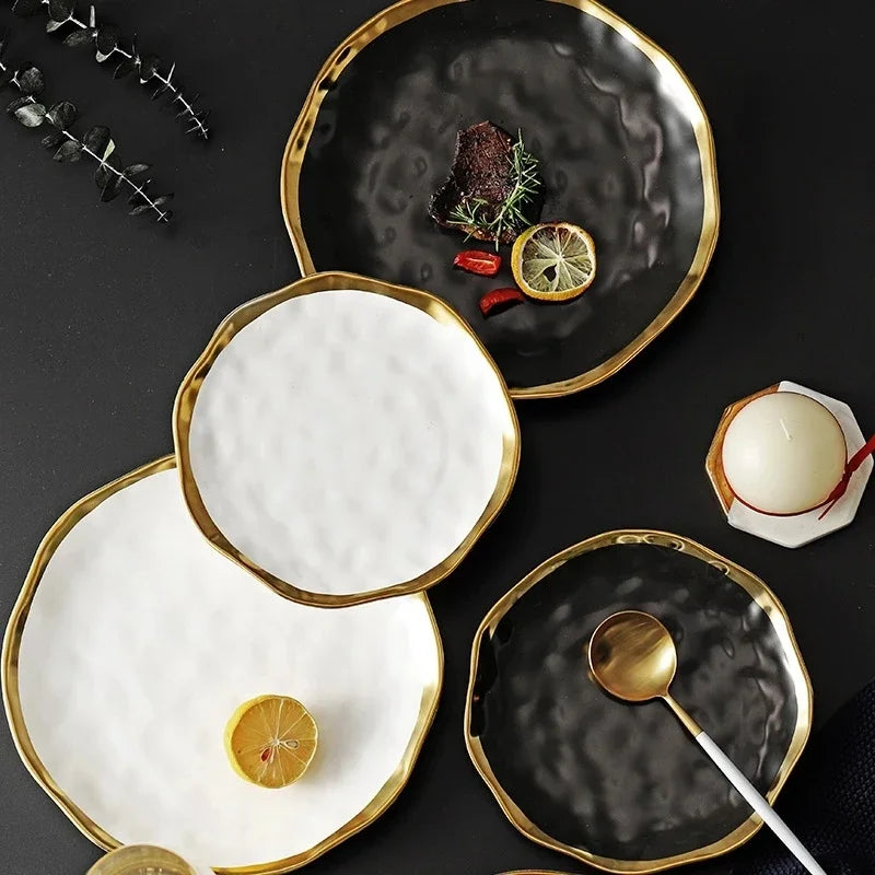 Nordic Chic Gold-Accented Porcelain Collection – Dinner Plates, Bowls & Cake Trays