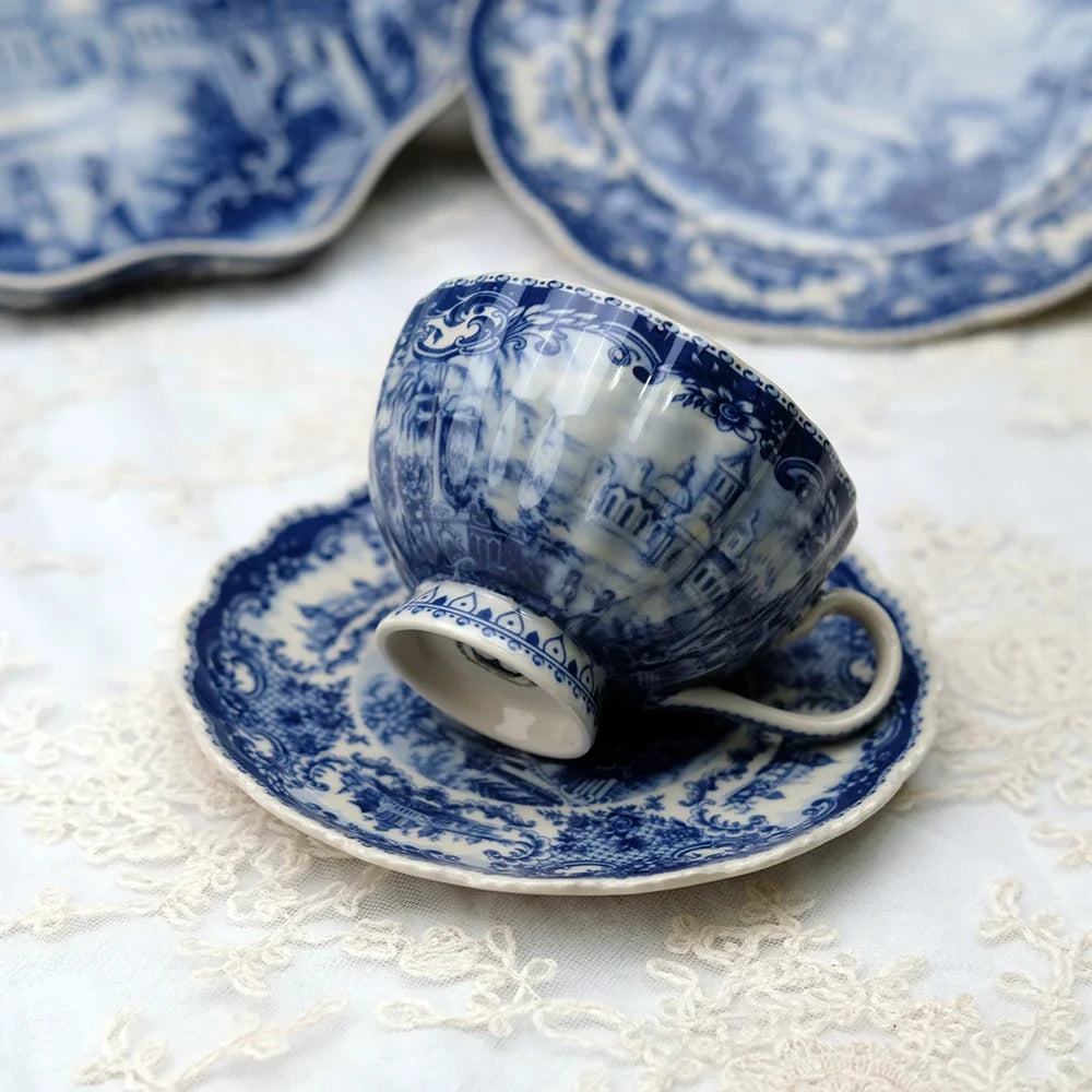 European "Blue Castle" Underglaze Ceramic Collection – Coffee Cups, Saucers & Dining Plates