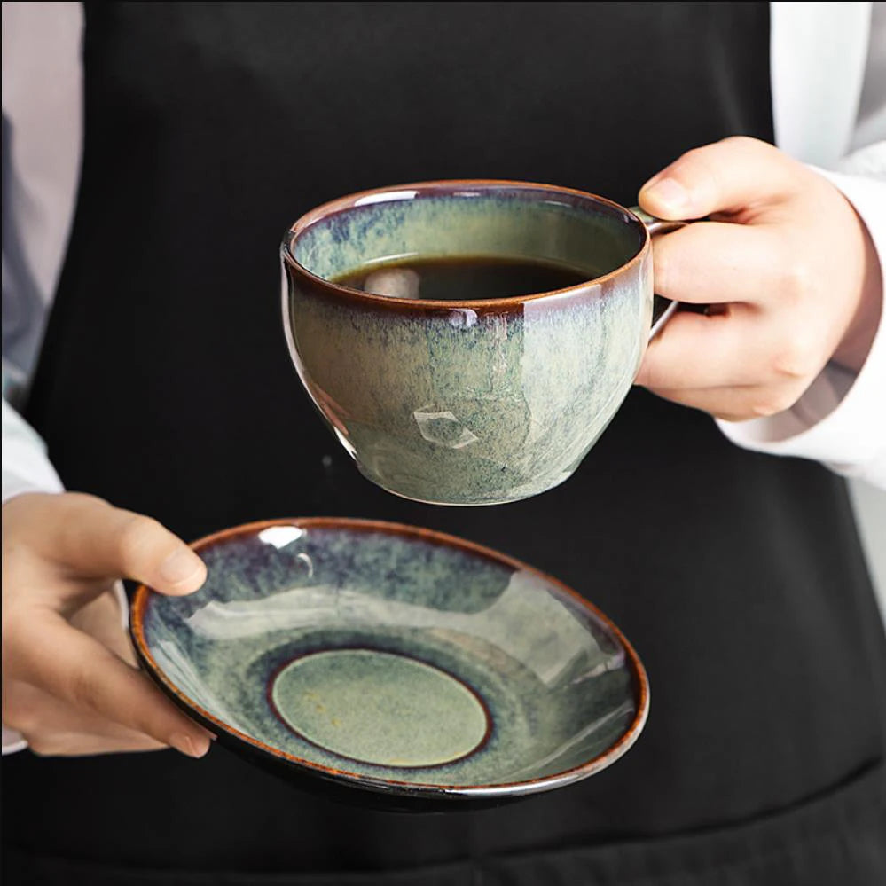 Retro Chic 300ml Ceramic Coffee Cup & Saucer Set – For Lattes & Afternoon Tea