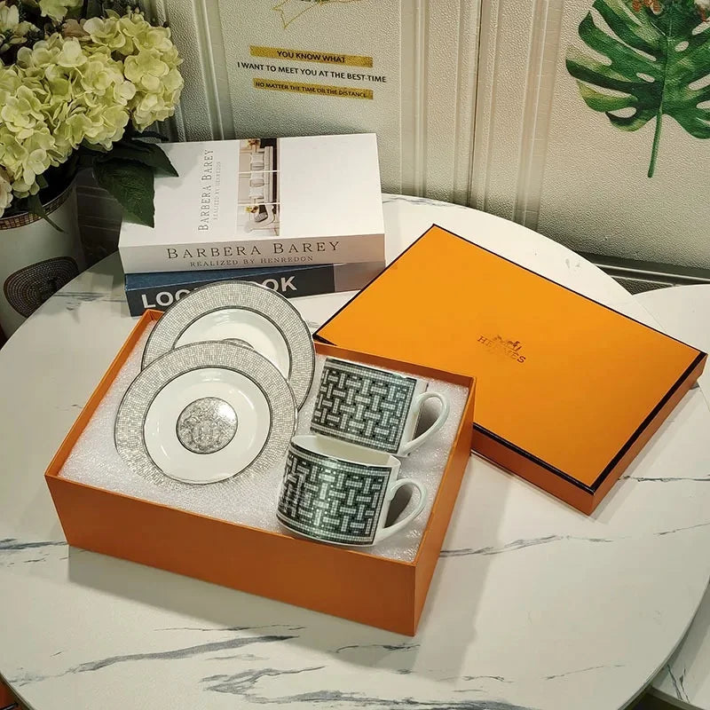 Fashionable European Style Red Tea & Coffee Set (2 Cups + 2 Plates) – Luxury Gift Box