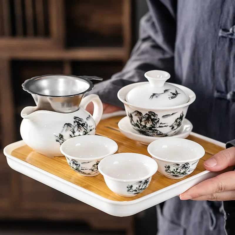 Household Kung Fu Tea Set (Gaiwan, 3 Cups & Dry Tray)