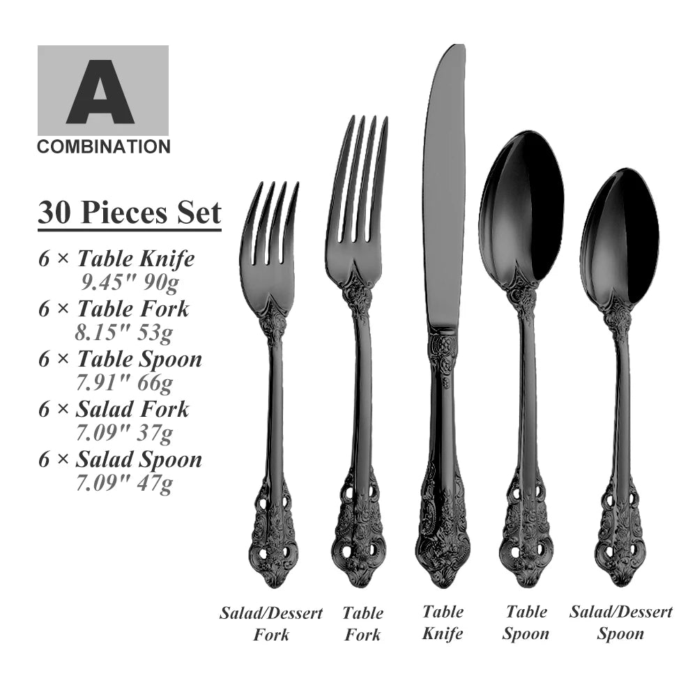 Royal Vintage 30-Piece Gold Plated Cutlery Set – Service for 6 (Gold, Rose Gold, Black)