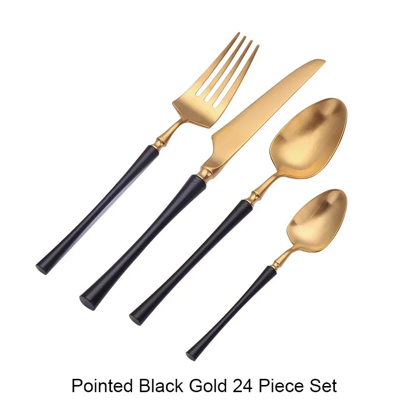 Modern Luxury Matte Black & Gold Flatware Set (24 Pieces) – Stainless Steel