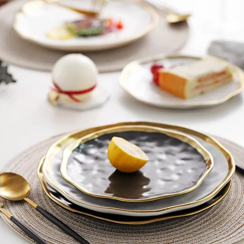Nordic Chic Gold-Accented Porcelain Collection – Dinner Plates, Bowls & Cake Trays