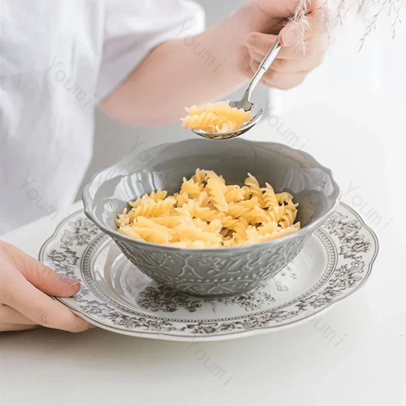 French Modern Gray Ceramic Dinnerware Collection – Luxury Steak Plates & Soup Bowls