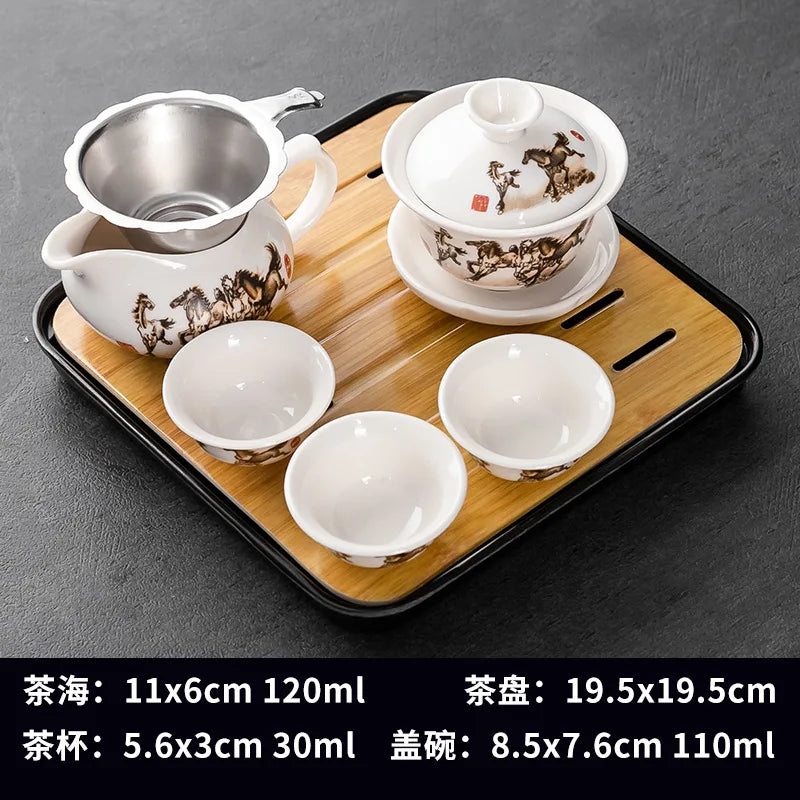 Household Kung Fu Tea Set (Gaiwan, 3 Cups & Dry Tray)