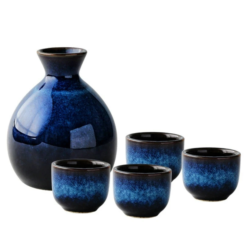 Retro Blue Japanese Sake Set (5-Piece)