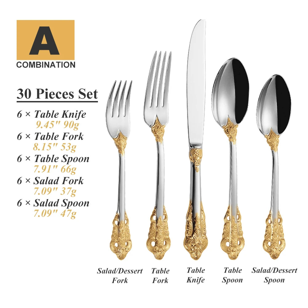 Royal Vintage 30-Piece Gold Plated Cutlery Set – Service for 6 (Gold, Rose Gold, Black)