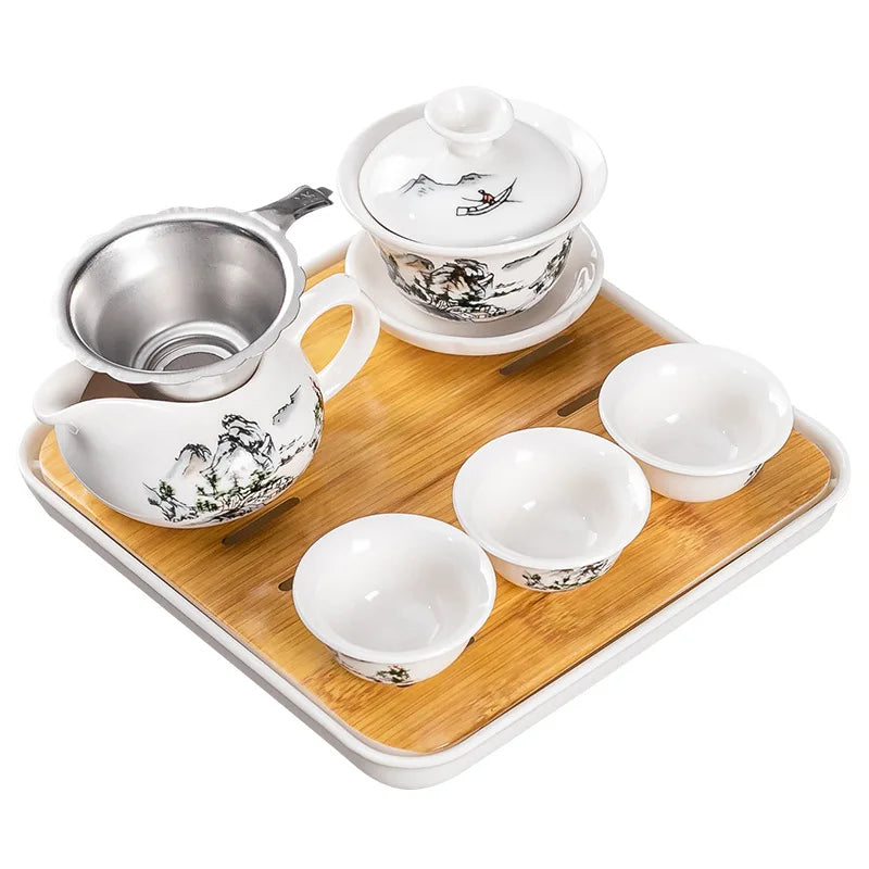 Household Kung Fu Tea Set (Gaiwan, 3 Cups & Dry Tray)