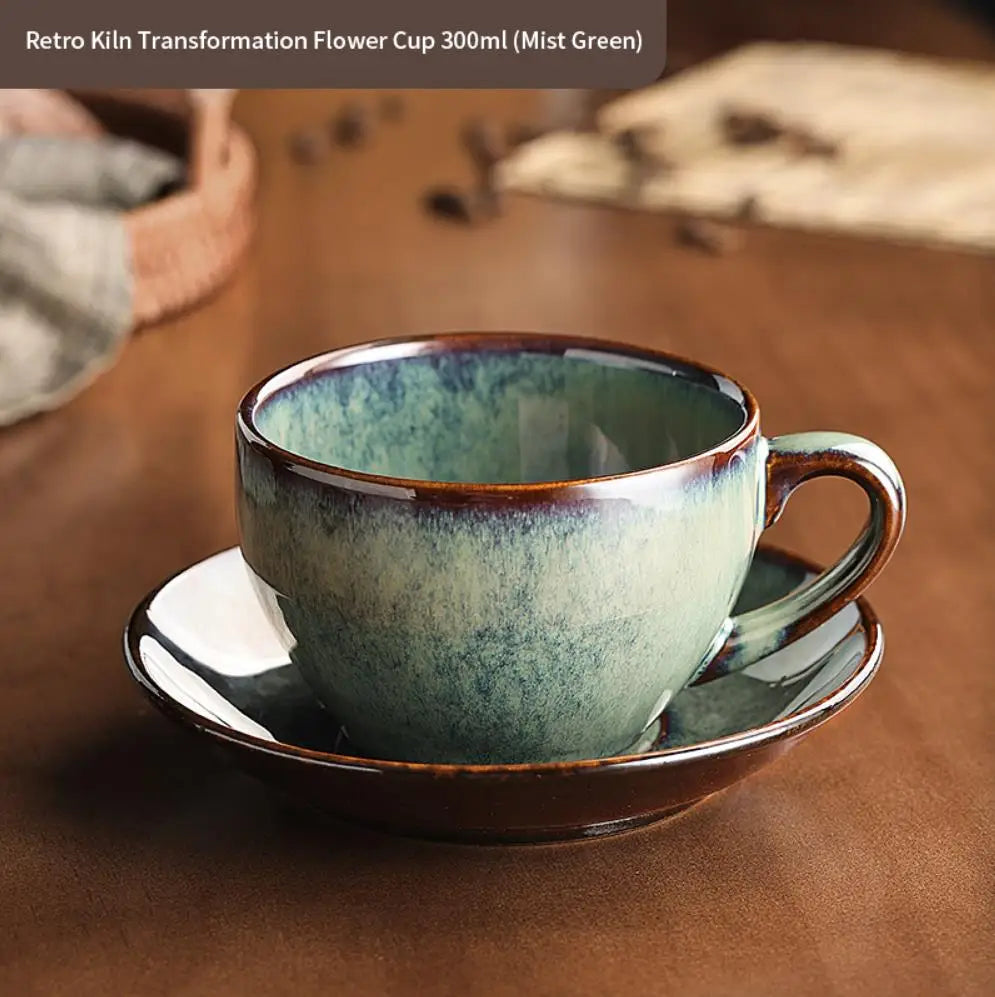 Retro Chic 300ml Ceramic Coffee Cup & Saucer Set – For Lattes & Afternoon Tea