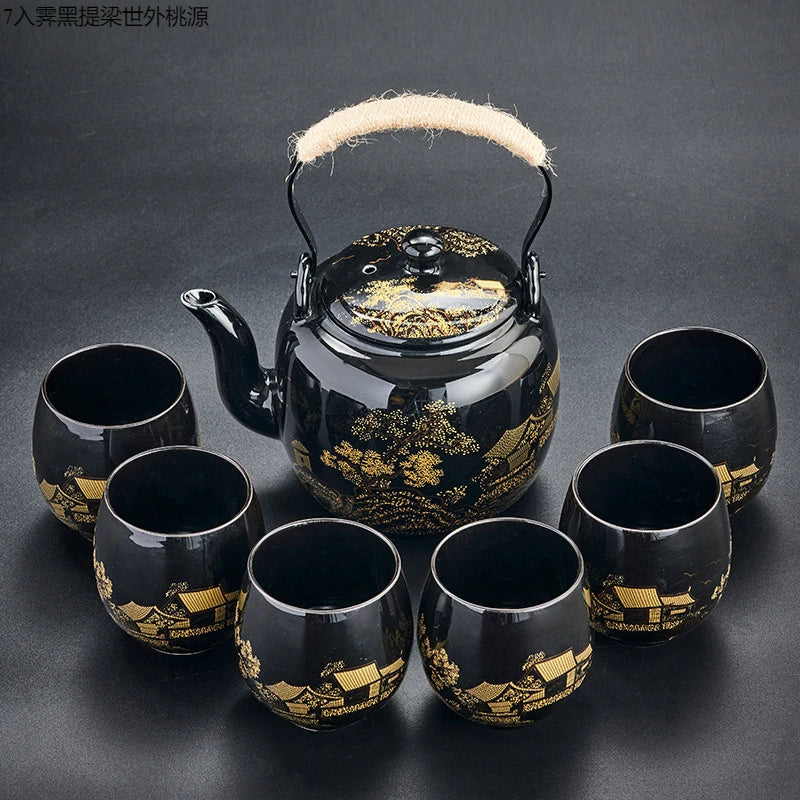 Large Capacity Black Glaze Tea Set – Ceramic Beam Pot