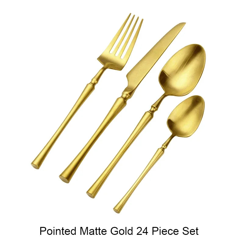 Modern Luxury Matte Black & Gold Flatware Set (24 Pieces) – Stainless Steel