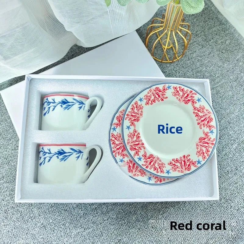 Fashionable European Style Red Tea & Coffee Set (2 Cups + 2 Plates) – Luxury Gift Box