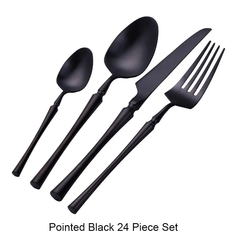 Modern Luxury Matte Black & Gold Flatware Set (24 Pieces) – Stainless Steel