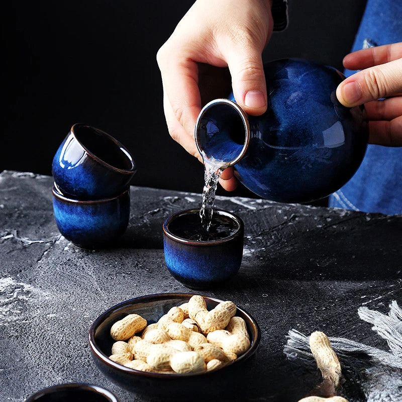 Retro Blue Japanese Sake Set (5-Piece)