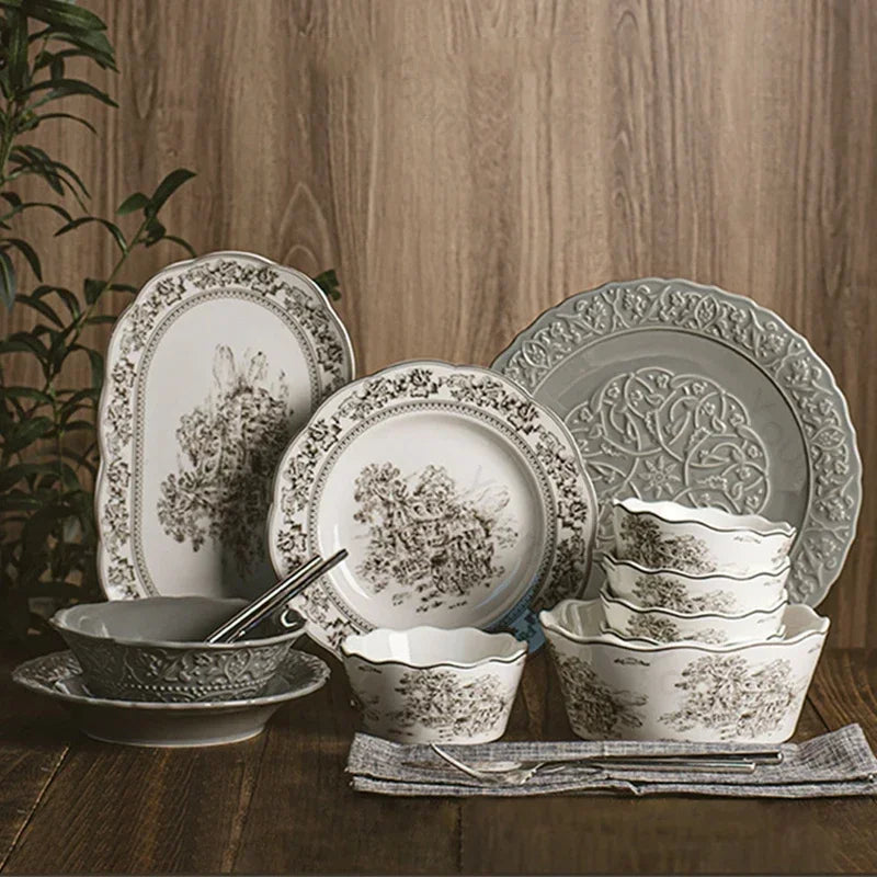French Modern Gray Ceramic Dinnerware Collection – Luxury Steak Plates & Soup Bowls