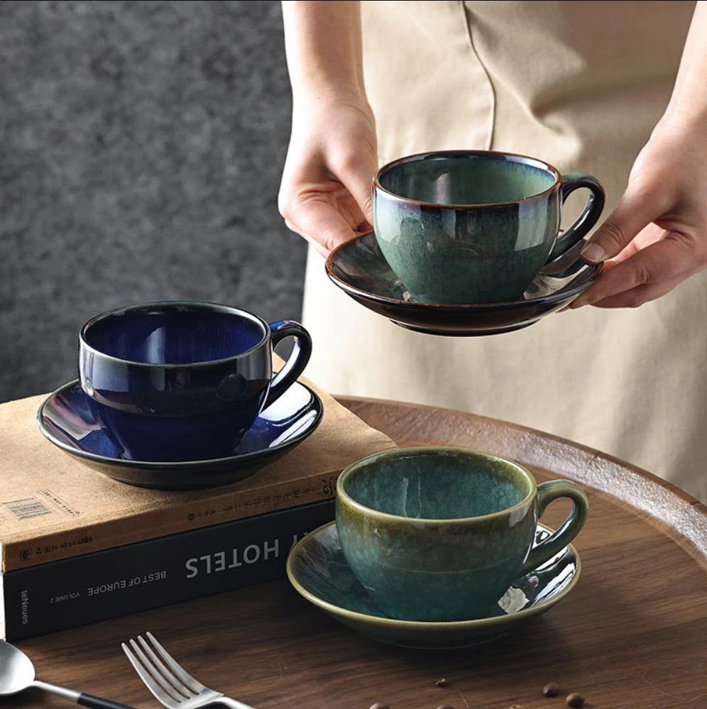 Retro Chic 300ml Ceramic Coffee Cup & Saucer Set – For Lattes & Afternoon Tea