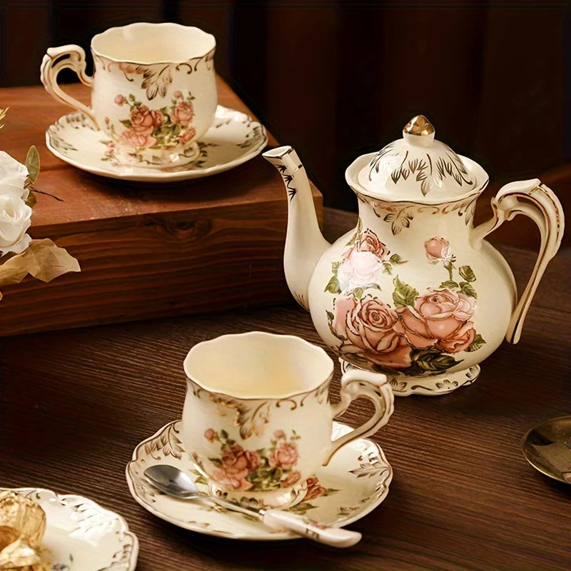 Classic Floral Ceramic Cup & Saucer Set (Ivory Edition)