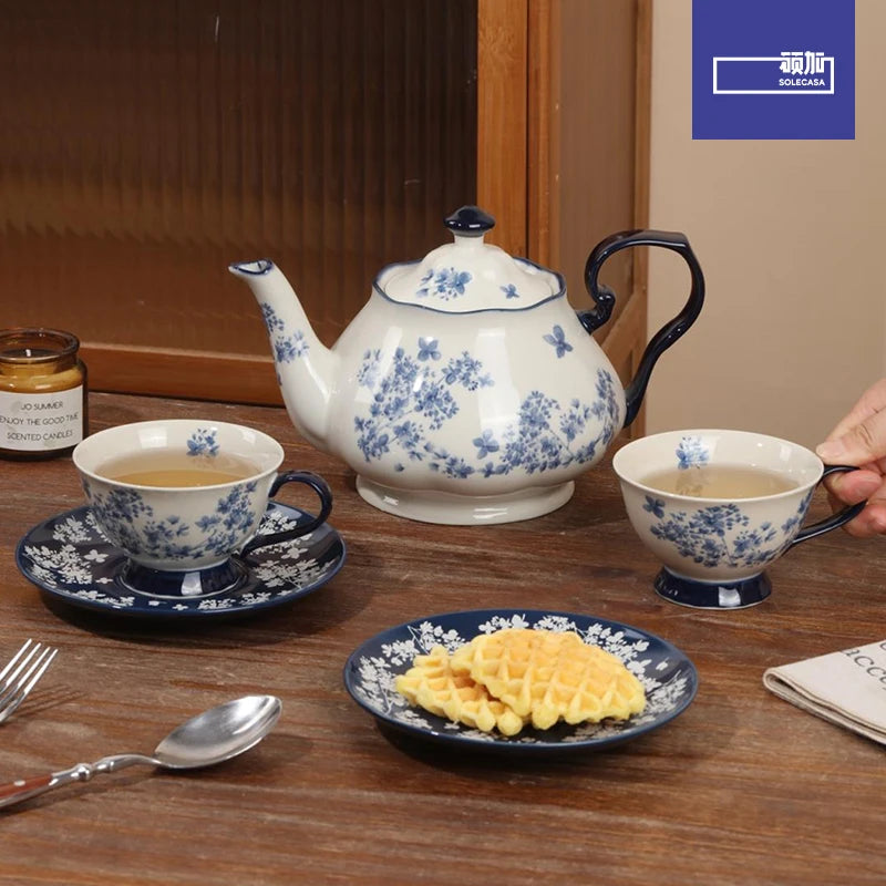 SOLECASA Elegant Blue & White Porcelain Tea Service – Complete Afternoon Tea Gift Set