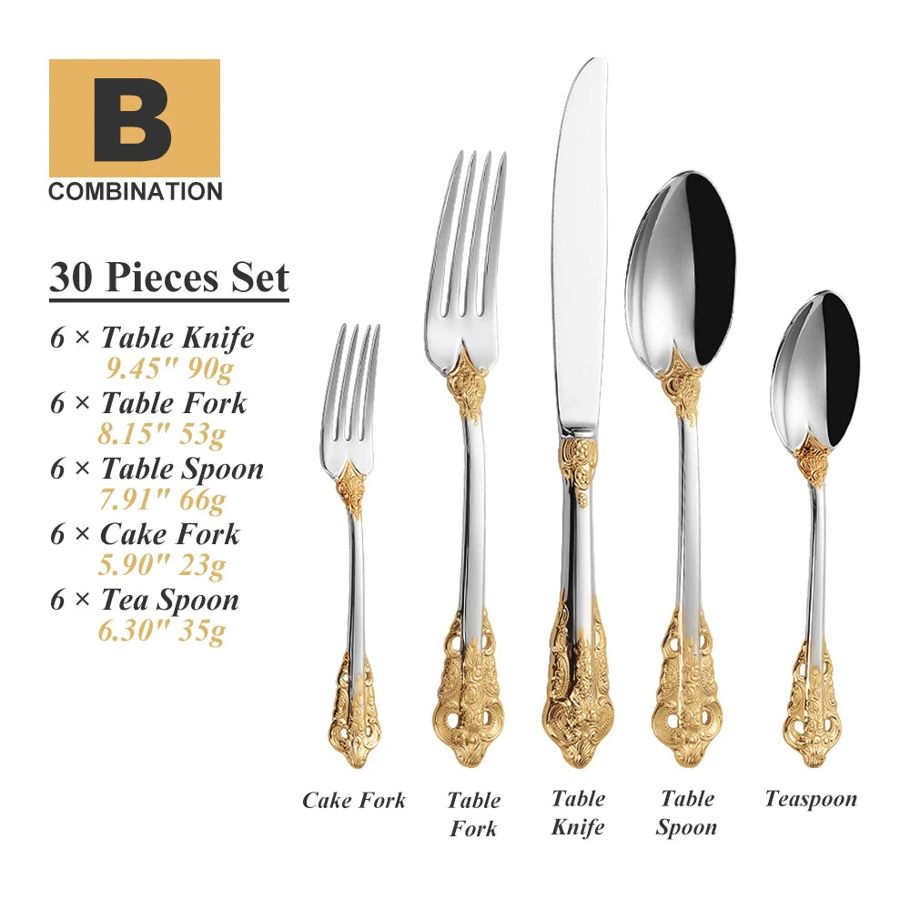 Royal Vintage 30-Piece Gold Plated Cutlery Set – Service for 6 (Gold, Rose Gold, Black)